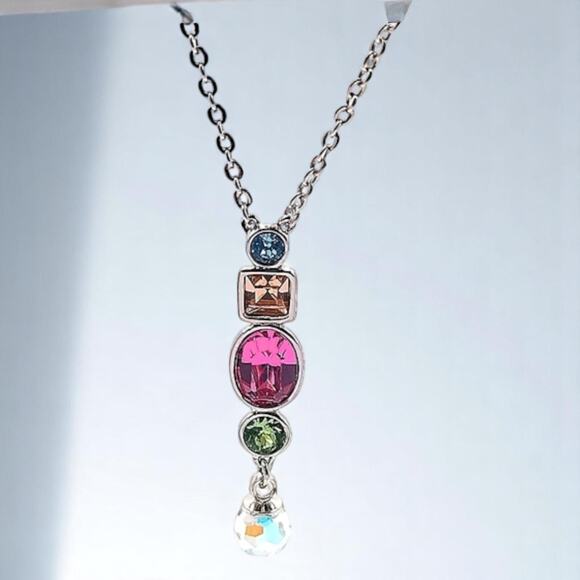 Multi-Stone Drop Pendant Necklace Made with Swarovski Crystals 16" + 2" Extender - Picture 8 of 9